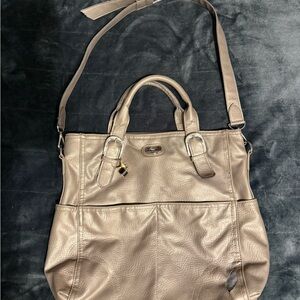 Mondani New York Beige Metallic Faux Leather Tote Shoulder Bag